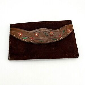 Vintage Suede Wallet Floral Snap‎ Closure Clutch Brown Leather Accent Brazil